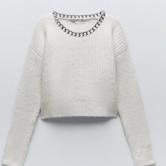 Zara Wool Blend Chain Collar Cropped Sweater S - Picture 5 of 16